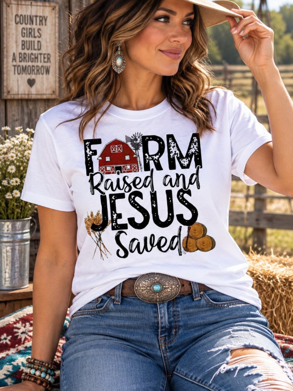Farm Raised Jesus Saved Graphic T Shirt Trendy Boutique Style Tee Womens White